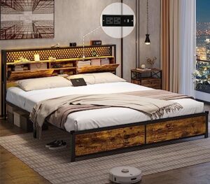 adorneve queen bed frame with type-c & usb charging station, led bed frame queen size with storage headboard, metal platform bed with headboard and led lights, no box spring needed,vintage brown