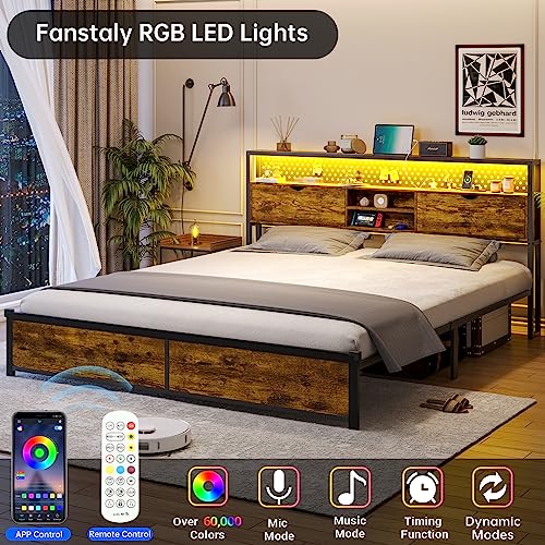 ADORNEVE Queen Bed Frame with Type-C & USB Charging Station, LED Bed Frame Queen Size with Storage Headboard, Metal Platform Bed with Headboard and LED Lights, No Box Spring Needed,Vintage Brown