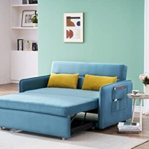 ERYE 3-in-1 Upholstered Futon Loveseat Convertible Sleeper Bed,2-Seaters Sofa & Couch Soft Cushions Love Seat Daybed for Small Space Living Room Sets Sofabed, Blue Velvet 2 Pillows Side Pockets Twin