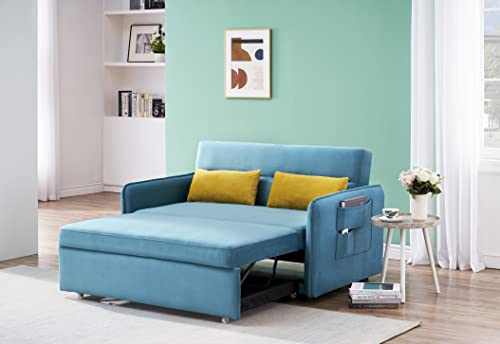 ERYE 3-in-1 Upholstered Futon Loveseat Convertible Sleeper Bed,2-Seaters Sofa & Couch Soft Cushions Love Seat Daybed for Small Space Living Room Sets Sofabed, Blue Velvet 2 Pillows Side Pockets Twin