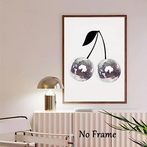 Disco Ball Painting Canvas Trendy Funky Posters Cherry Art Print Disco Party Wall Poster Disco Ball Artwork Bar Cart Decor Canvas Ball Aesthetic Balls Silver Wall Art Trendy Picture 16x24inch No Frame