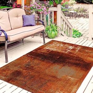 Burnt Orange Outdoor Rug for Patio/Deck/Porch, Modern Geometric Non-Slip Large Area Rug 5 x 8 Ft, Abstract Art Oil Painted Indoor Outdoor Rugs Washable Area Rugs, Reversible Camping Rug Carpet Runner