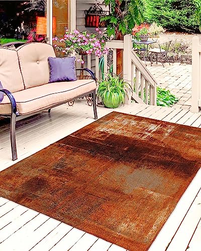 Burnt Orange Outdoor Rug for Patio/Deck/Porch, Modern Geometric Non-Slip Large Area Rug 5 x 8 Ft, Abstract Art Oil Painted Indoor Outdoor Rugs Washable Area Rugs, Reversible Camping Rug Carpet Runner