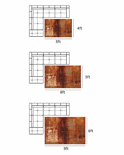 Burnt Orange Outdoor Rug for Patio/Deck/Porch, Modern Geometric Non-Slip Large Area Rug 5 x 8 Ft, Abstract Art Oil Painted Indoor Outdoor Rugs Washable Area Rugs, Reversible Camping Rug Carpet Runner