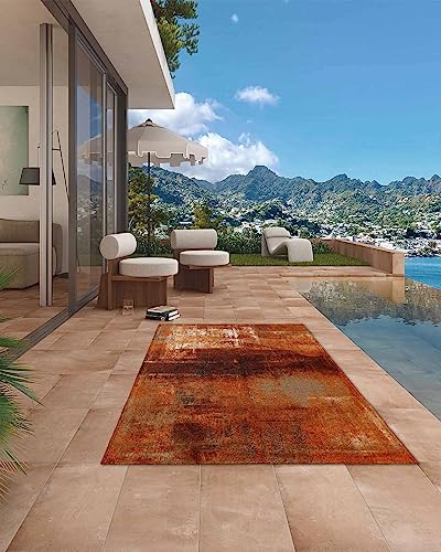 Burnt Orange Outdoor Rug for Patio/Deck/Porch, Modern Geometric Non-Slip Large Area Rug 5 x 8 Ft, Abstract Art Oil Painted Indoor Outdoor Rugs Washable Area Rugs, Reversible Camping Rug Carpet Runner