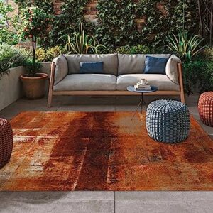 Burnt Orange Outdoor Rug for Patio/Deck/Porch, Modern Geometric Non-Slip Large Area Rug 5 x 8 Ft, Abstract Art Oil Painted Indoor Outdoor Rugs Washable Area Rugs, Reversible Camping Rug Carpet Runner