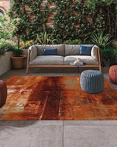 Burnt Orange Outdoor Rug for Patio/Deck/Porch, Modern Geometric Non-Slip Large Area Rug 5 x 8 Ft, Abstract Art Oil Painted Indoor Outdoor Rugs Washable Area Rugs, Reversible Camping Rug Carpet Runner