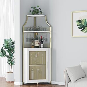 amyove corner wine bar rack cabinet with detachable wine rack, bar cabinet with glass holder, small sideboard and buffet cabinet with mesh door,gold