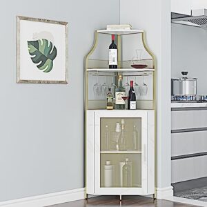 Amyove Corner Wine Bar Rack Cabinet with Detachable Wine Rack, Bar Cabinet with Glass Holder, Small Sideboard and Buffet Cabinet with Mesh Door,Gold