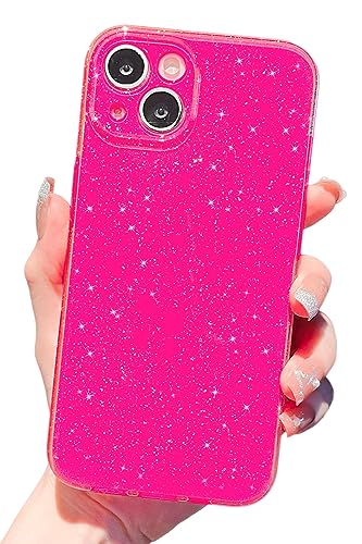 Finyosee Compatible with iPhone 13 Mini Case 5.4 inch, Cute Neon Bright Color,Glitter Bling Thin Slim Shockproof Silicone Sparkly Case, Soft TPU Phone Case for Women Girl-Hot Pink