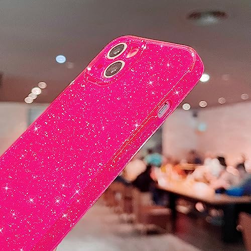 Finyosee Compatible with iPhone 13 Mini Case 5.4 inch, Cute Neon Bright Color,Glitter Bling Thin Slim Shockproof Silicone Sparkly Case, Soft TPU Phone Case for Women Girl-Hot Pink