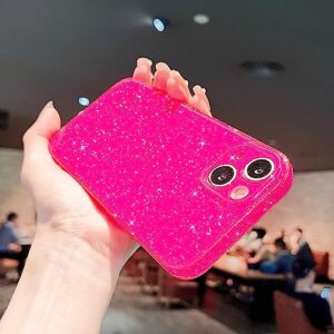 Finyosee Compatible with iPhone 13 Mini Case 5.4 inch, Cute Neon Bright Color,Glitter Bling Thin Slim Shockproof Silicone Sparkly Case, Soft TPU Phone Case for Women Girl-Hot Pink