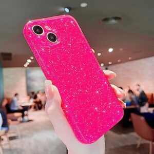 Finyosee Compatible with iPhone 13 Mini Case 5.4 inch, Cute Neon Bright Color,Glitter Bling Thin Slim Shockproof Silicone Sparkly Case, Soft TPU Phone Case for Women Girl-Hot Pink