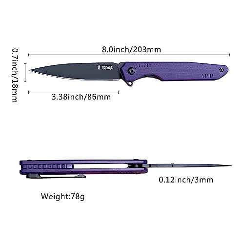 SHOOZIZ HAN312 Pocket Knife Folding Knife for EDC, 3.38" DC53 Steel Blade G10 Handle Folding knife With titanium alloy clip Ceramic ball bearing locating ball Everyday Carry Knife for Men Women (Purple+Black Blade)