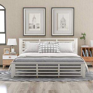 lch king platform bed frame with headboard and footboard, solid wood bed frame for adults/wood slat support/no box spring, modern bed frame with horizontal strip hollow shape, king size, white