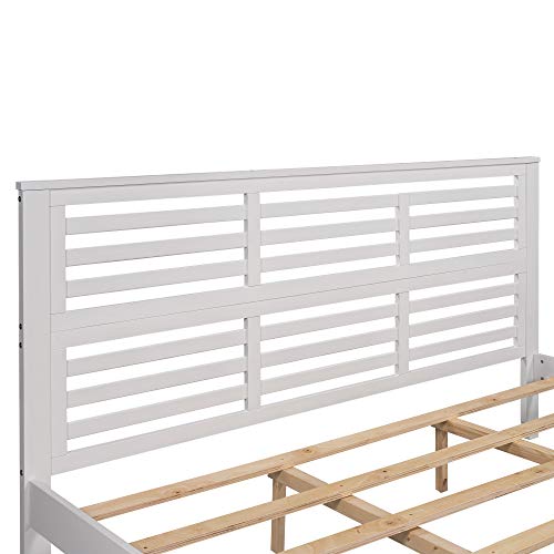 LCH King Platform Bed Frame with Headboard and Footboard, Solid Wood Bed Frame for Adults/Wood Slat Support/No Box Spring, Modern Bed Frame with Horizontal Strip Hollow Shape, King Size, White