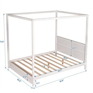 LCH Queen Size Wooden Platform Bed Frame with Headboard and Support Legs for Bedroom, White