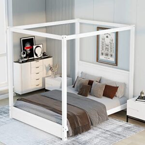 lch queen size wooden platform bed frame with headboard and support legs for bedroom, white