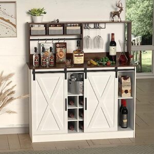 PAKASEPT Wine Bar Cabinet, Farmhouse Barn Doors Coffee Bar Cabinet with Adjustable Storage Shelves, Wooden Sideboard Buffet Storage Cabinet for Dining Room, Kitchen