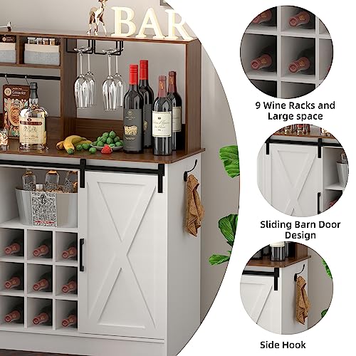PAKASEPT Wine Bar Cabinet, Farmhouse Barn Doors Coffee Bar Cabinet with Adjustable Storage Shelves, Wooden Sideboard Buffet Storage Cabinet for Dining Room, Kitchen