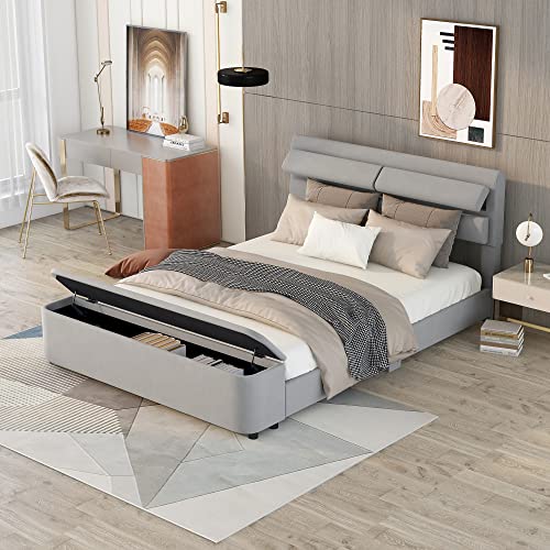 LCH Queen Size Upholstered Bed with Storage Headboard and Footboard, Velvet Queen Platform Bed Frame, Wood Support Legs, No Box Spring Needed (Grey)