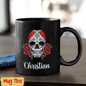 Esezon Name Mug, Skull Cup, Personalized Red Rose And Skull Coffee Mug, Gifts For Halloween, Skull Floral Ceramic Mug, Customized Skull Floral Cup Gifts For Him Her With Name, Black Cup 11oz or 15oz