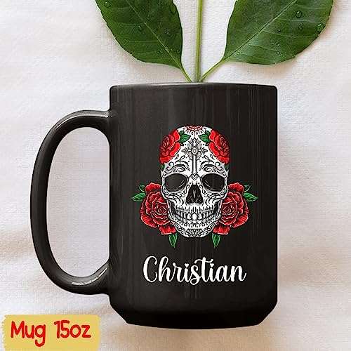 Esezon Name Mug, Skull Cup, Personalized Red Rose And Skull Coffee Mug, Gifts For Halloween, Skull Floral Ceramic Mug, Customized Skull Floral Cup Gifts For Him Her With Name, Black Cup 11oz or 15oz