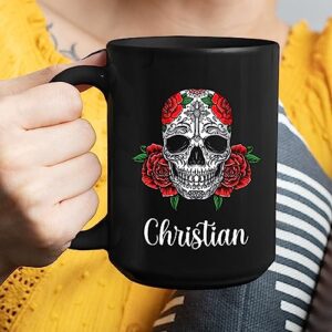 Esezon Name Mug, Skull Cup, Personalized Red Rose And Skull Coffee Mug, Gifts For Halloween, Skull Floral Ceramic Mug, Customized Skull Floral Cup Gifts For Him Her With Name, Black Cup 11oz or 15oz