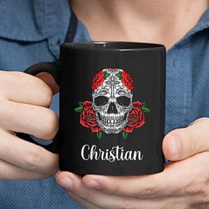 Esezon Name Mug, Skull Cup, Personalized Red Rose And Skull Coffee Mug, Gifts For Halloween, Skull Floral Ceramic Mug, Customized Skull Floral Cup Gifts For Him Her With Name, Black Cup 11oz or 15oz