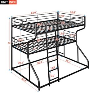 KoiHome Full Over Twin Over Queen Size Triple Bunk Bed with 2 Ladders, Metal Low Bed Frame with Full-Length Guardrail for Kids Teens Girls Boys Bedroom, Space-Saving, No Box Spring Needed, Black