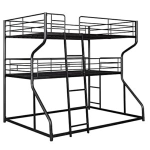 KoiHome Full Over Twin Over Queen Size Triple Bunk Bed with 2 Ladders, Metal Low Bed Frame with Full-Length Guardrail for Kids Teens Girls Boys Bedroom, Space-Saving, No Box Spring Needed, Black