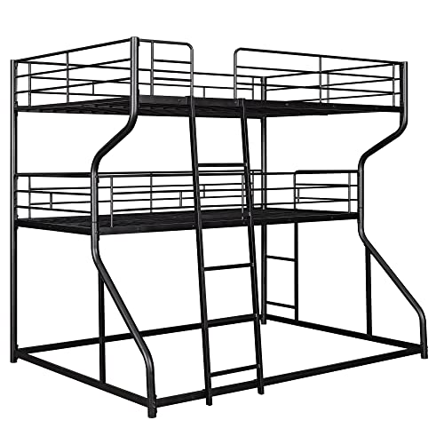 KoiHome Full Over Twin Over Queen Size Triple Bunk Bed with 2 Ladders, Metal Low Bed Frame with Full-Length Guardrail for Kids Teens Girls Boys Bedroom, Space-Saving, No Box Spring Needed, Black