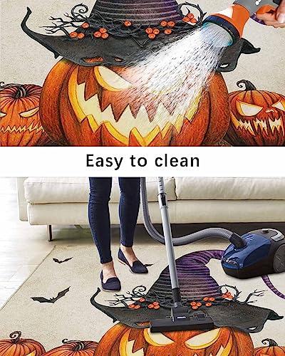 Halloween Pumpkin Outdoor Rug for Patio/Deck/Porch, Non-Slip Area Rug 5 x 8 Ft, Horror Black Bat Pumpkins Vintage Brown Indoor Outdoor Rugs Washable Area Rugs, Reversible Camping Rug Carpet Runner