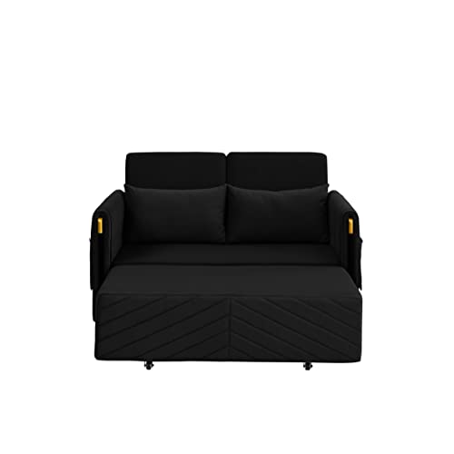 Eafurn Futon Loveseat Couch with Pull Out Bed,3-in-1 Upholstery Convertible Sleeper Sofa Reclining Chaise Lounge with Adjustable Backrest, Sofacama Sofabed, Black 54"