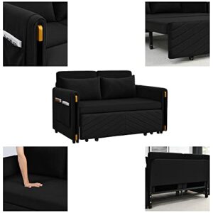 Eafurn Futon Loveseat Couch with Pull Out Bed,3-in-1 Upholstery Convertible Sleeper Sofa Reclining Chaise Lounge with Adjustable Backrest, Sofacama Sofabed, Black 54"