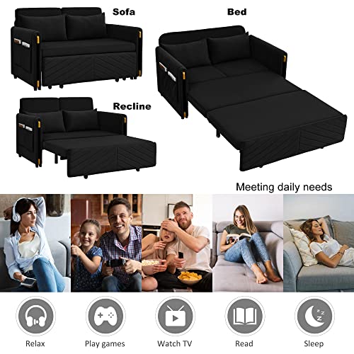 Eafurn Futon Loveseat Couch with Pull Out Bed,3-in-1 Upholstery Convertible Sleeper Sofa Reclining Chaise Lounge with Adjustable Backrest, Sofacama Sofabed, Black 54"