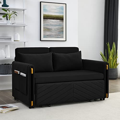 Eafurn Futon Loveseat Couch with Pull Out Bed,3-in-1 Upholstery Convertible Sleeper Sofa Reclining Chaise Lounge with Adjustable Backrest, Sofacama Sofabed, Black 54"