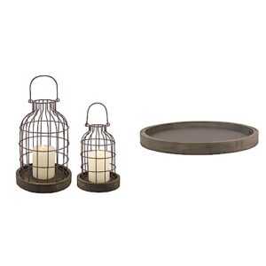 Stonebriar SB-5393C 2PC Wire Metal Cloche Set, Set of 2, Brown & Large 11.8" Decorative Rustic Farmhouse Worn Natural Wood and Metal Tray