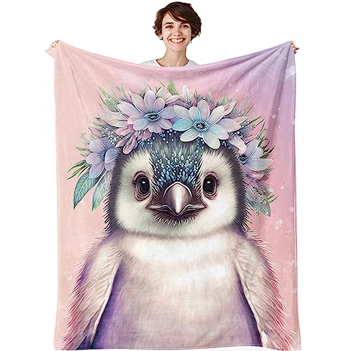 YAYAGo Cute Penguin with Flowers Throw Blanket 350gsm Fuzzy Plush Blanket for Kids Throw for Sofa Bed Animal Decorative 50"x60"