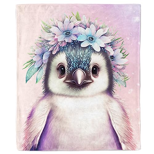 YAYAGo Cute Penguin with Flowers Throw Blanket 350gsm Fuzzy Plush Blanket for Kids Throw for Sofa Bed Animal Decorative 50"x60"