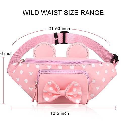 Pink Disney Fanny Pack for Women Teen Girls Minnie Mouse Fanny Pack Cute Bowknot Polka Dot Waist Pack Outdoor Travel Waist Bag Cartoon Hiking Belt Bag Bum Bags with Mouse Ears