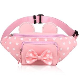 Pink Disney Fanny Pack for Women Teen Girls Minnie Mouse Fanny Pack Cute Bowknot Polka Dot Waist Pack Outdoor Travel Waist Bag Cartoon Hiking Belt Bag Bum Bags with Mouse Ears