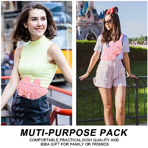 Pink Disney Fanny Pack for Women Teen Girls Minnie Mouse Fanny Pack Cute Bowknot Polka Dot Waist Pack Outdoor Travel Waist Bag Cartoon Hiking Belt Bag Bum Bags with Mouse Ears