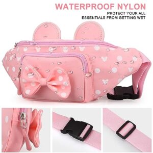 Pink Disney Fanny Pack for Women Teen Girls Minnie Mouse Fanny Pack Cute Bowknot Polka Dot Waist Pack Outdoor Travel Waist Bag Cartoon Hiking Belt Bag Bum Bags with Mouse Ears