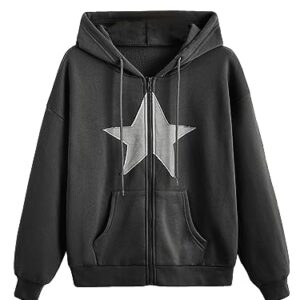 SOLY HUX Women's Zip Up Y2k Hoodies Jacket Star Print Graphic Drawstring Long Sleeve Sweatshirt Dark Grey Star M