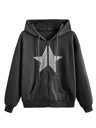 SOLY HUX Women's Zip Up Y2k Hoodies Jacket Star Print Graphic Drawstring Long Sleeve Sweatshirt Dark Grey Star M