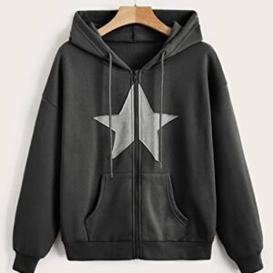 SOLY HUX Women's Zip Up Y2k Hoodies Jacket Star Print Graphic Drawstring Long Sleeve Sweatshirt Dark Grey Star M