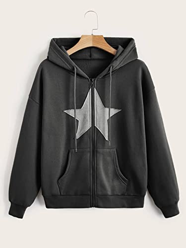 SOLY HUX Women's Zip Up Y2k Hoodies Jacket Star Print Graphic Drawstring Long Sleeve Sweatshirt Dark Grey Star M