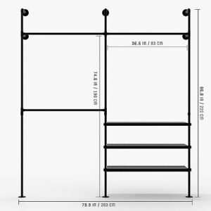 pamo industrial pipe clothing rack - ELLA - clothes rack for wardrobe, bedroom and as walk-in closet system. Sturdy clothing racks for hanging clothes I wall mounted heavy duty clothes rack