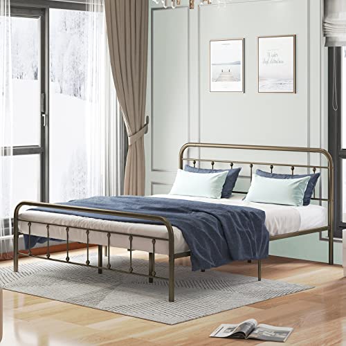 Mjkone California King Spindle Design Metal Bed Frame, Bed Frame with Headboard and Footboard, No Box Spring Needed Platform Bed Frame with Underbed Storage for Bedroom (Coffee)